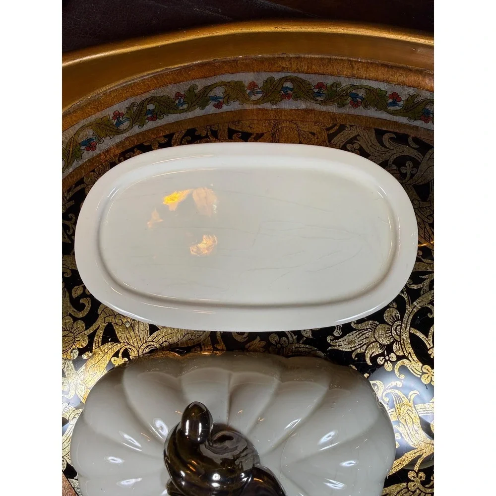 Vintage Pumpkin Butter Dish - Covered Dish with Ivory‎ & Metallic Glaze